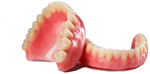 Dentadura removível tradicional, com base de resina que cobre o céu da boca